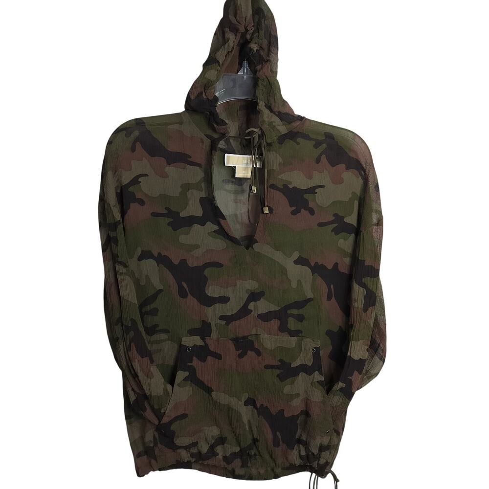 4994)Michael Kors Camouflage Silk Georgette semi Sheer Pullover Hooded Blouse M - Picture 5 of 11